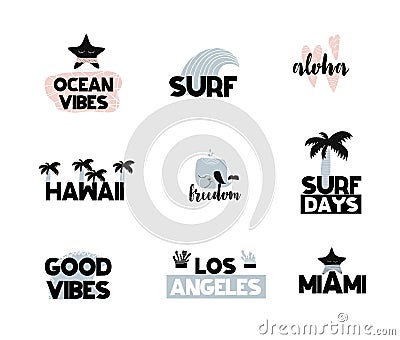 Summer labels, logos, hand drawn tags and elements collection for summer holiday, travel,hawaii, palm, surf, beach Vector Illustration