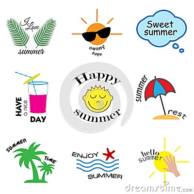 Summer labels, logos, hand drawn tags and elements set for summer holiday, travel, beach vacation, sun. Vector Cartoon Illustration