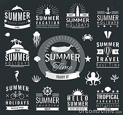 Summer labels, logos, tags and elements set for summer holiday, travel, beach party, vacation. Vector Vector Illustration