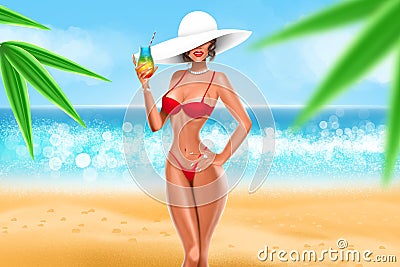 lady with cocktail on tropical sea background Stock Photo