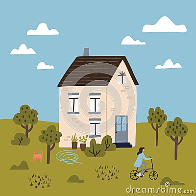Summer landcape. Hand drawn vector illustration. Cute house with a garden. Woman riding bysicle Vector Illustration