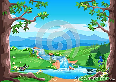 Fairy tale summer landscape with forest, waterfall, valley Vector Illustration