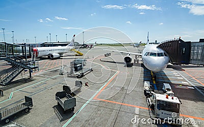 Summer landscape of airfield area with awaiting airplaines Editorial Stock Photo