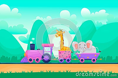 Summer landscape background with funny cartoon animals characters riding railway Cartoon Illustration