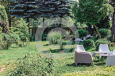 Summer landscape, backyard, lots of greenery, table and chairs, a place for rest Stock Photo