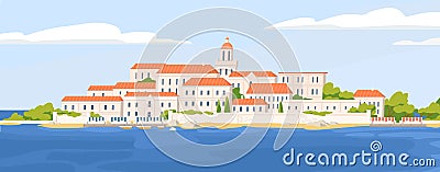 Summer landscape of beautiful coastal town with castle. Panoramic view of European city at sea coast. Seaside townscape Vector Illustration