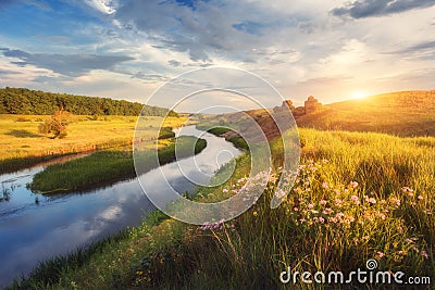 Summer landscape in the beautiful steppe at sunset Stock Photo