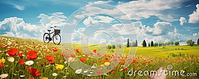 Summer landscape with bicycle and meadows full of flowers. Holiday sunshine banner Stock Photo