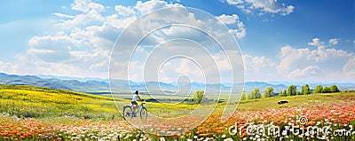 Summer landscape with bicycle and meadows full of flowers. Holiday sunshine banner Stock Photo