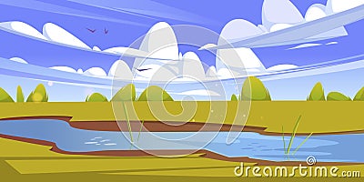 Summer landscape with brook and lawn Vector Illustration