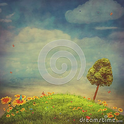 Summer landscape with butterflies, green field, sky and sunflowers Stock Photo