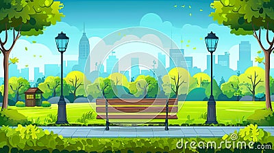 A summer landscape of an empty public garden with lanterns, a birdhouse, and green trees with grass and a wooden bench Stock Photo