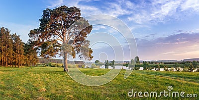 Summer landscape fast of the Ural river with the trees on the Bank of Russia, June Stock Photo