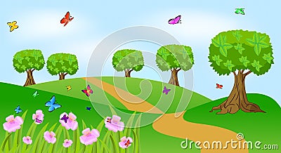 Summer landscape with flowers and butterflies Vector Illustration