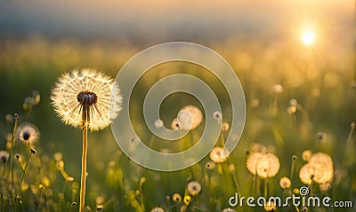 Summer landscape with focus on delicate dandelion seeds in the foreground Stock Photo