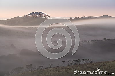 Summer landscape with fog in valley above river, foggy morning. Landscape of fields with grass in the morning. Stock Photo