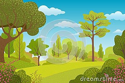 Summer rural landscape with trees and leaves. Background with forest. Bright natural banner with plants. Vector flat design. Nat Vector Illustration