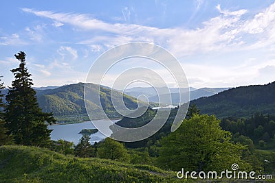 The Summer Landscape with Green Field, lake and Blue Sky. Neamt, Roamania Stock Photo