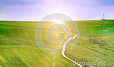 Summer landscape with green grass, roads and clouds, field dirt road in summer Stock Photo