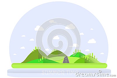 Summer landscape. Green hills, blue sky, white clouds, green trees, grey highway. Flat design Vector Illustration