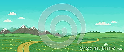 Summer landscape with green meadows and snowy mountains Vector Illustration