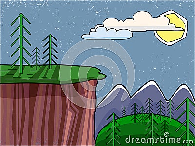 Summer landscape. High cliffs. Green fir trees on top of the mountain. Vector Illustration