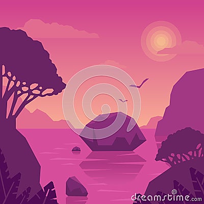 Summer landscape with islands and the sea. Pink dream. Sea vacation in a tropical climate Cartoon Illustration