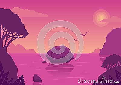 Summer landscape with islands and the sea. Pink dream. Sea vacation in a tropical climate Cartoon Illustration