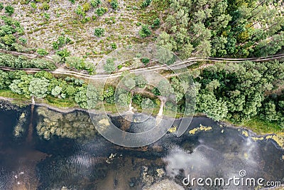 Summer landscape. lakeside with clouds reflection and green forest on the coast. aerial view Stock Photo