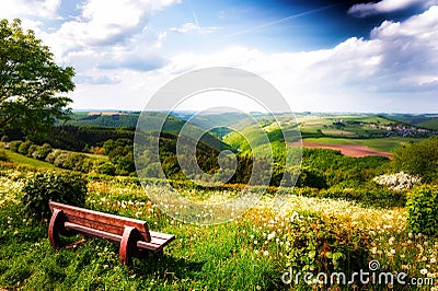 Summer landscape with lonely wooden bench Stock Photo
