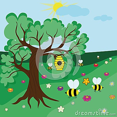 Summer landscape of oak and beehive. Bees collect honey from flowers. Summer sunny day. Vector Illustration