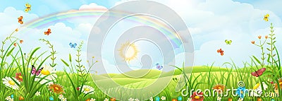 Summer landscape with rainbow Vector Illustration