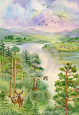 Summer landscape with river, pine, trees and deer Stock Photo