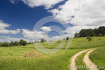 Summer landscape with road, a meadow and hay Stock Photo