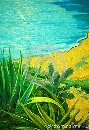 summer landscape with a sea and bank, painting by oil, illustration Stock Photo