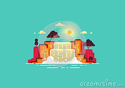Summer landscape: waterfall with trees on a cloudy sky background. Modern thin line design. Vector flat illustration. Cartoon Illustration