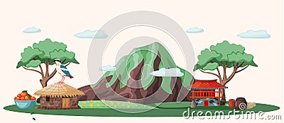 Summer landscape. Weekend in rural house in mountaine. Hiking and traveling in beautiful nature Vector Illustration