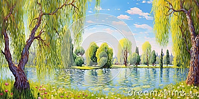 Summer landscape with willow trees and lake. Printable panorama Stock Photo