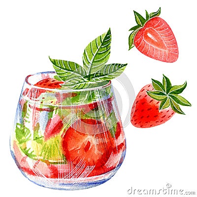 Summer lemonade, cocktail with strawberry, lemon and mint on a white background. Watercolor hand drawn illustration Cartoon Illustration