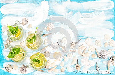 Summer lemonade ice tea tonic water Cocktail drink lemon mint Stock Photo