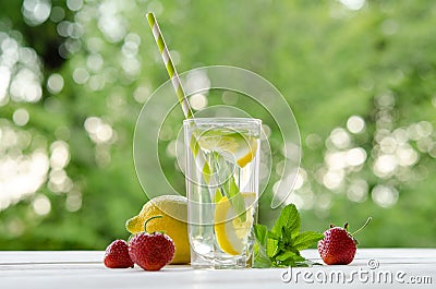 Summer lemonade . Lemon and mint, strawberry Stock Photo