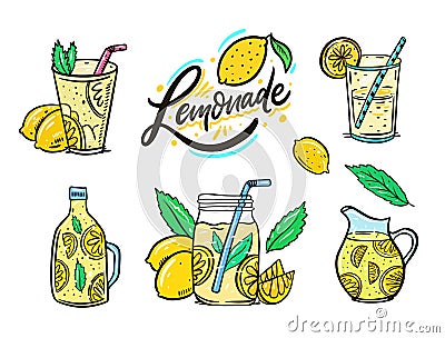 Summer Lemonade set. Lemon, mint, lemon slice, glass and jug. Vector illustration set. Cartoon style. Vector Illustration