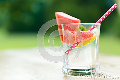 Summer Lemonade with slices of watermelon, lemon and garnished with fresh mint Stock Photo