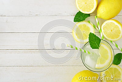 Summer lemonade, top view, side border on white wood Stock Photo
