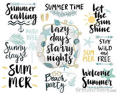 Summer Lettering Design Set - hand drawn. Vector Illustration