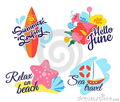 Summer lettering. Holiday concept, surfing board with water waves, Hello June with beautiful flowers Vector Illustration