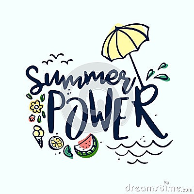 Summer Lettering label, logo, hand drawn tags and elements set for summer holiday, travel, beach vacation, sun. Vector Cartoon Illustration