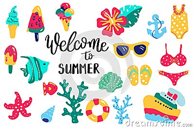 Summer lettering. Set hand drawn icons, signs and banners. Bright summertime poster. Collection Summer hand drawn Vector Illustration