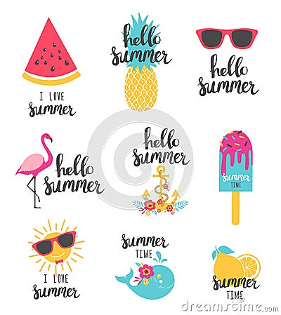 Summer lettering set with holiday elements. Watermelon, pineapple, lemon. Vector Illustration