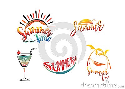 Summer lettering set with sun, cocktail, watermelon and coconut. Vector Illustration